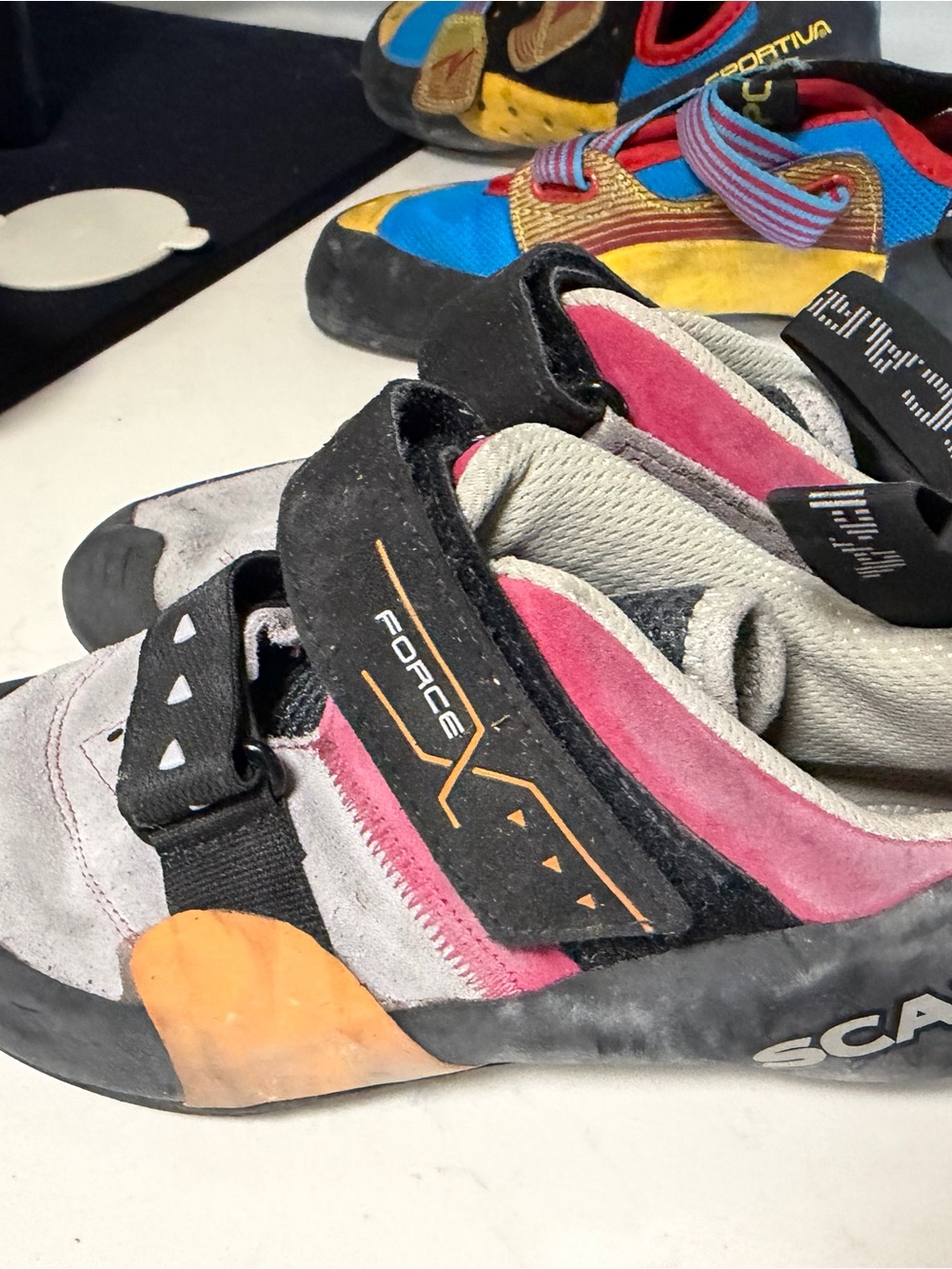 Scarpa women’s Force Climbing Shoes — Pink & Gray